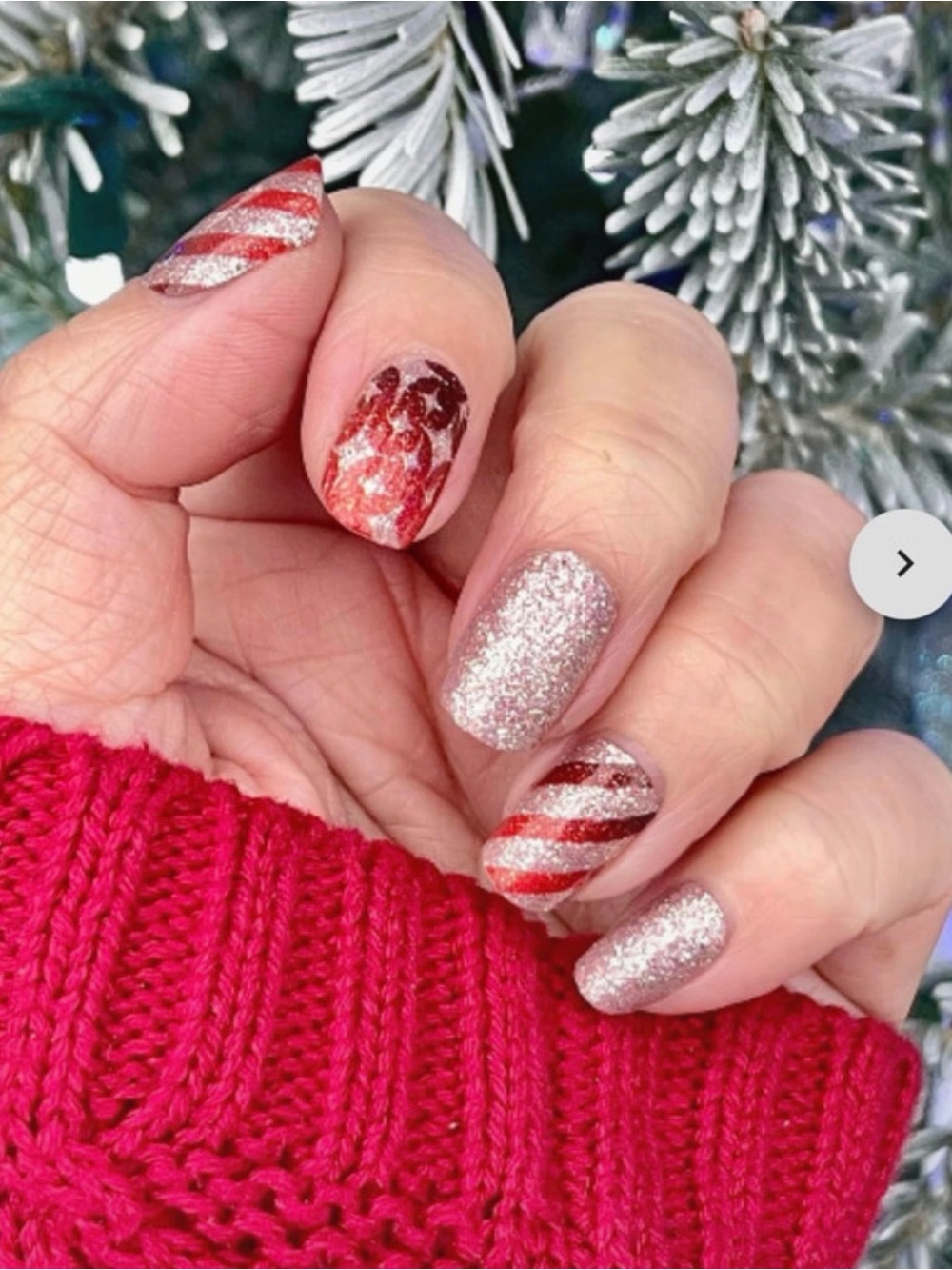 Holiday Glitter Candy-Stripe Press-On Nails - Silver & Red